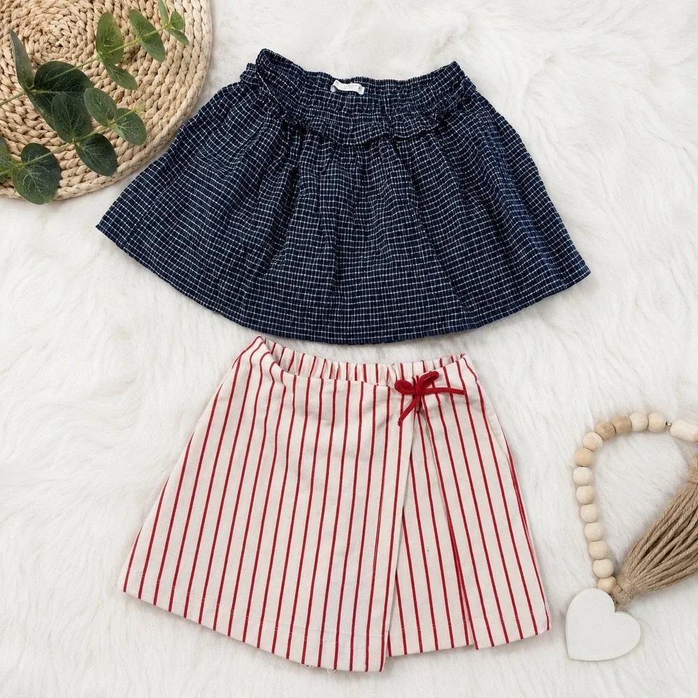 Zara‎ Kids Girls Skort Bundle Navy Grid Seersucker Red Stripe Size 9-10